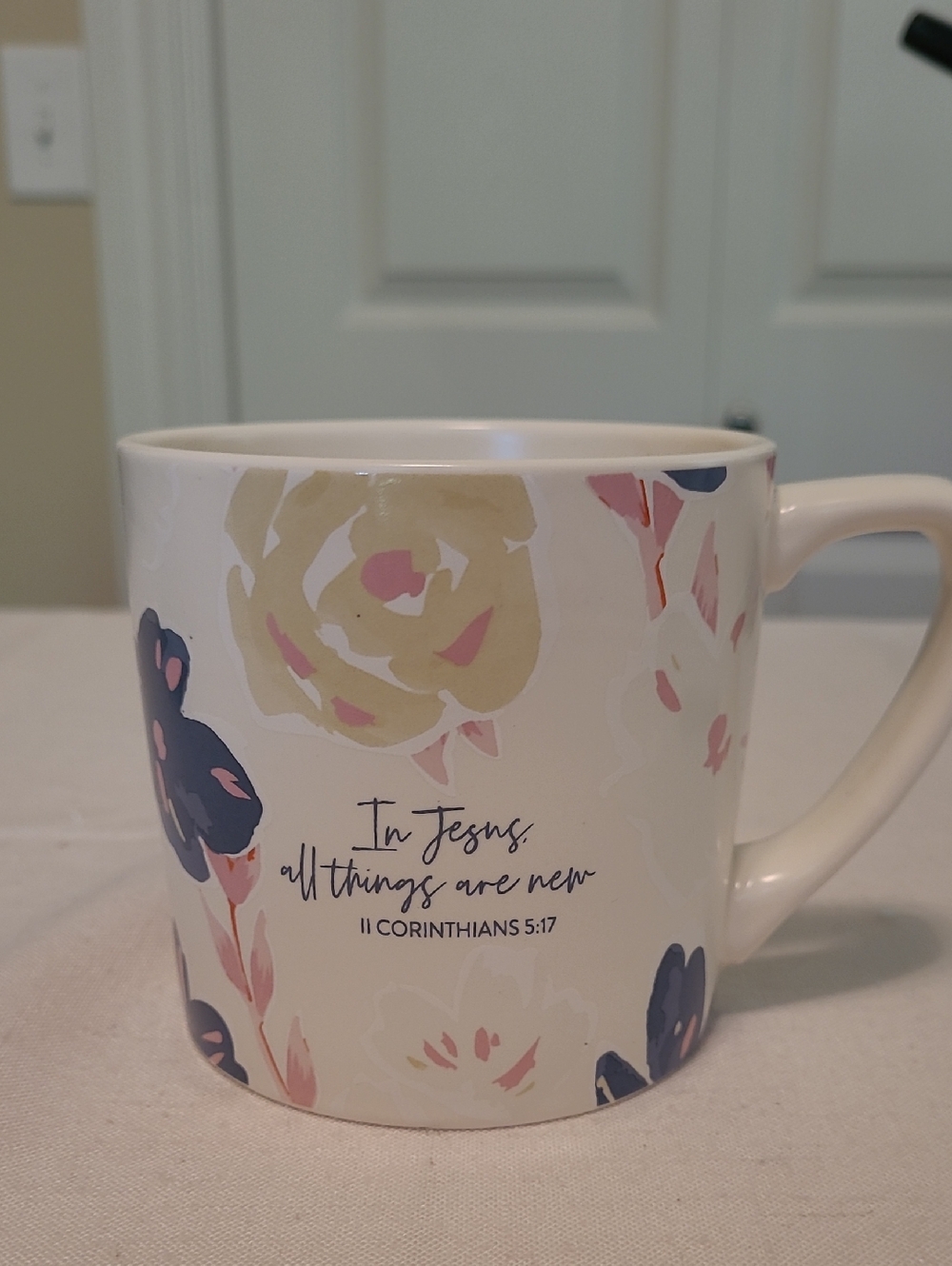 DaySpring Floral Scripture Ceramic Mug - Cream with Pink & Navy Accents